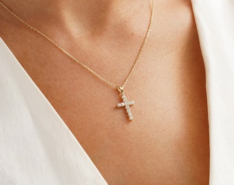 14k Gold Cross Necklace, 18k Gold Cz Diamond Cross, Gold Religious Necklace, Christian Cross Pendant, Dainty Cross Jewelry, Christmas Gift