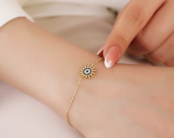 14k Dainty Sun Bracelet, Solar Celestial Star Sun Bracelet, Sunshine Charm Bracelet, Trendy Sun Bracelet, Solid Gold Bracelet, Gift for Her