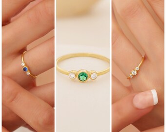 14k Personalized Birthstone Ring Solid Gold, Dainty Birthstone Jewelry, Custom Ring Women, Grandma Gift, Christmas Gift, Mothers Day Gift