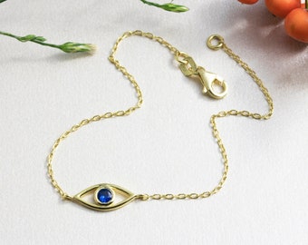 14k Evil Eye Bracelet Gold, Dainty Sapphire Evil Eye Bracelet, Good Luck Bracelet, Whammy Jewelry, Gift for Friend, Birthday Gift for Her