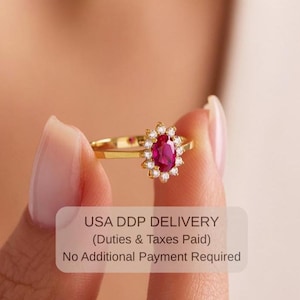 14k Gold Oval Ruby Halo Ring - Dainty July Birthstone Engagement Ring