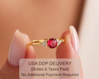14k Gold Round Ruby Engagement Ring with Cz Diamonds - Dainty Promise Ring for Women