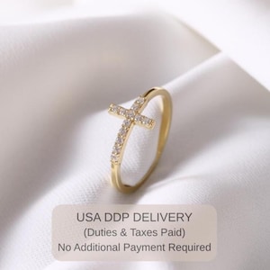 14k Solid Gold Moissanite Cross Ring - Dainty Christian Jewelry for Women, Religious Gift
