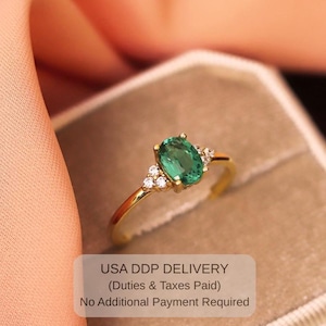 Solid Gold Vintage Style Oval Emerald Engagement Ring - 14k Solitaire Wedding and Anniversary Ring