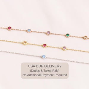 14k Solid Gold Personalized Birthstone Bracelet - Dainty Bezel Customizable Jewelry, Family Gift