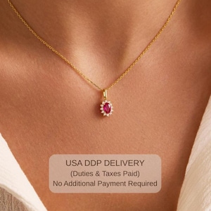 14k Solid Gold Oval Rubin Halo Halskette - Daint Juli Birthstone Anhänger für Frauen