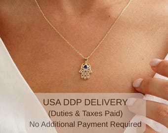 14k Solid Gold Hamsa Necklace - Sapphire Evil Eye Pendant, Hand of Fatima Jewelry