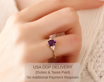 14k Oval Amethyst Engagement Ring - Solid Gold Amethyst Cz Diamond Jewelry for Women