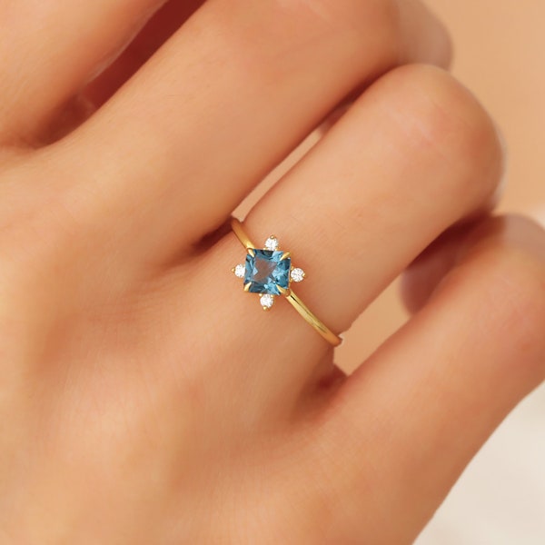14k Blue Topaz Ring Goud, Unieke Blue Topaz Verlovingsring, Sierlijke Blue Topaz Promise Ring, Blue Topaz Trouwring, Verjaardagscadeau