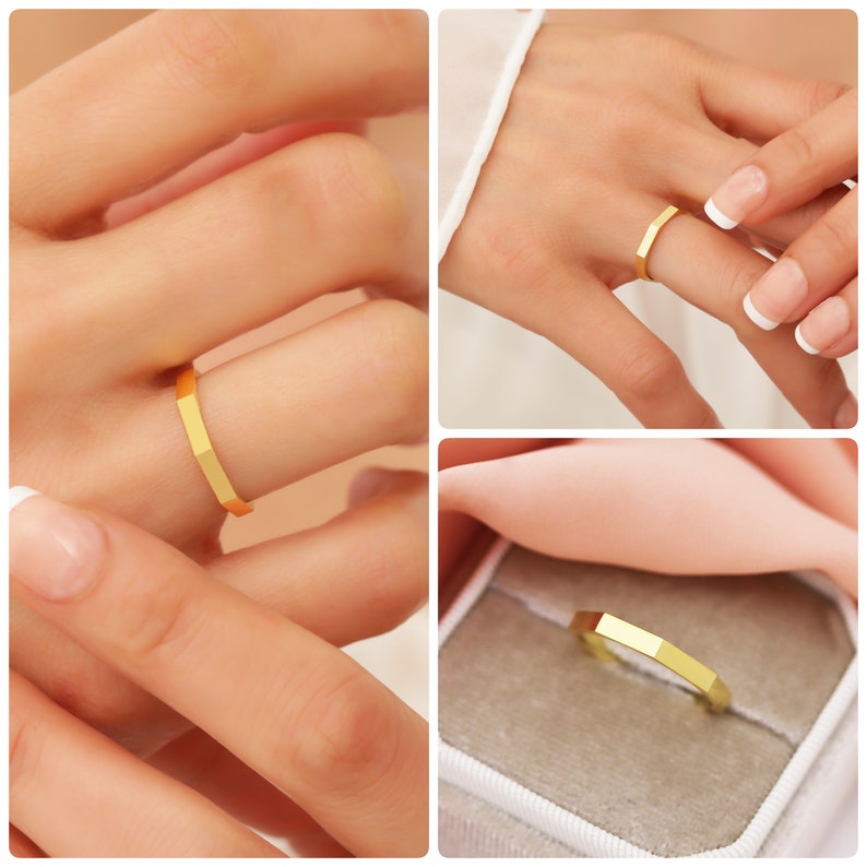 14k Octagon Gold Ring, Alternating Wedding Band Solid Gold, Hexagon Band Ring, Geometric Design Ring Women, Bolt Shape Ring, Engagement Band image 8