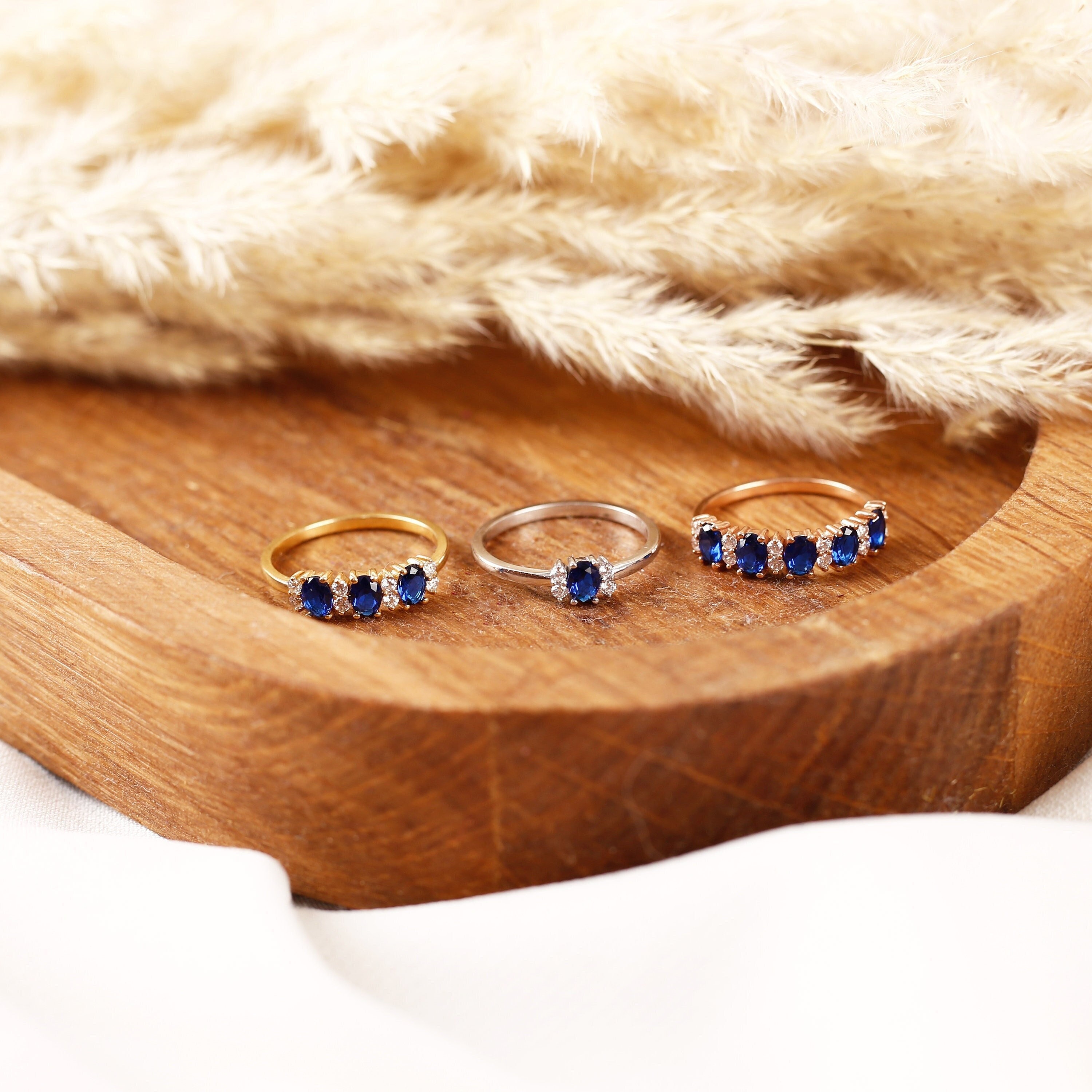 14k Gold Sapphire Engagement Ring, Oval Cut Five Stones Sapphire Ring, Blue Gemstone Ring, September Birthstone Jewelry, Gift for Women