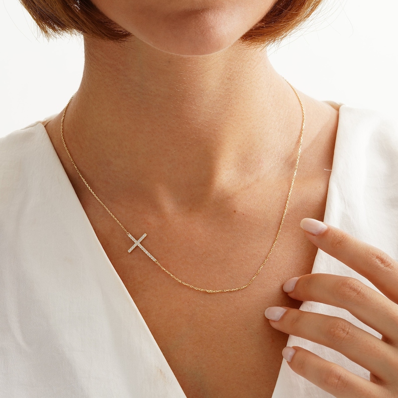14k Gold Sideways Cross Necklace, Custom Size Cross Jewelry, Dainty Diamond Charm Cross, 18k Religious Cross Necklace, CZ Crucifix Jewelry image 5