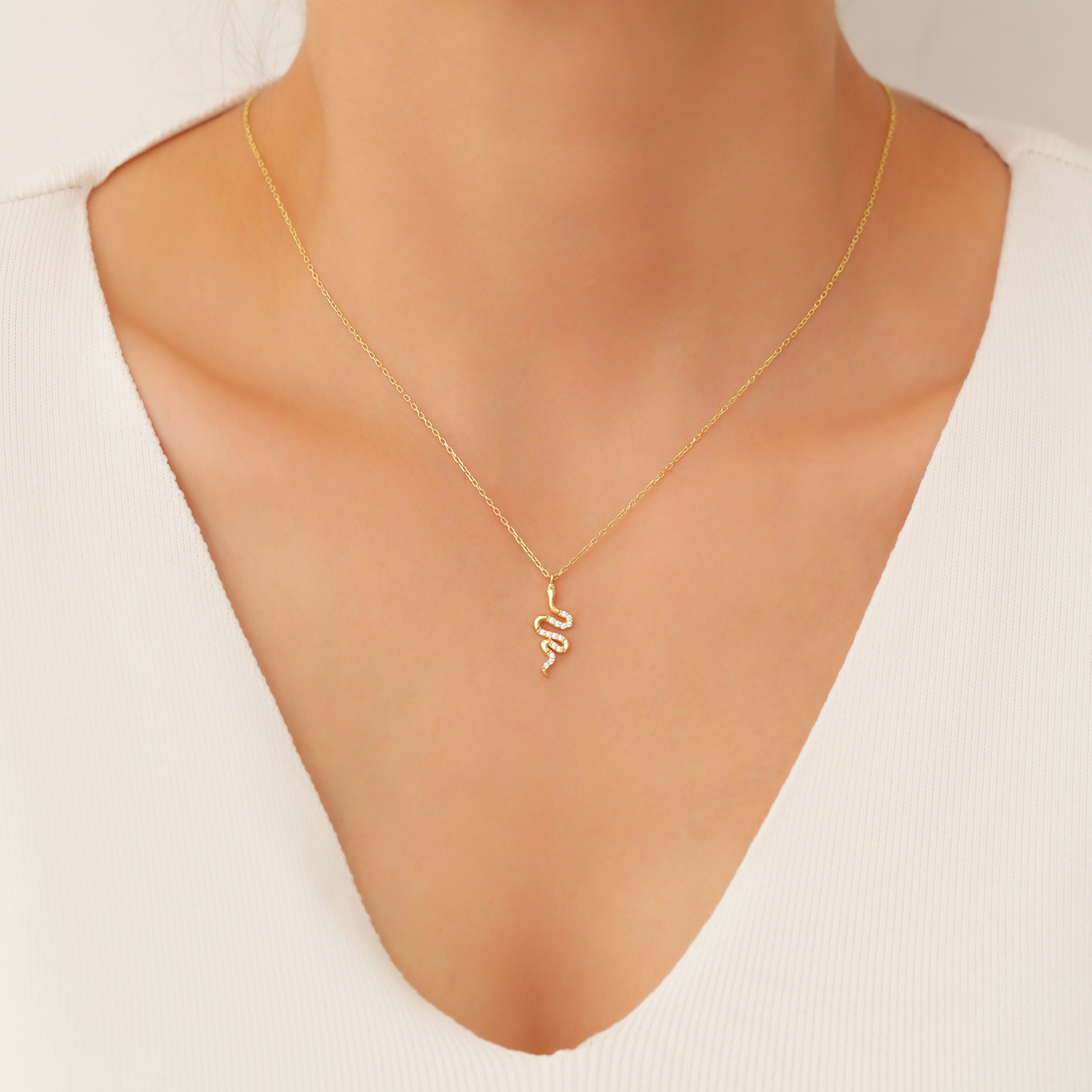 14k Snake Necklace Solid Gold, 18k Snake Pendant, Minimalist