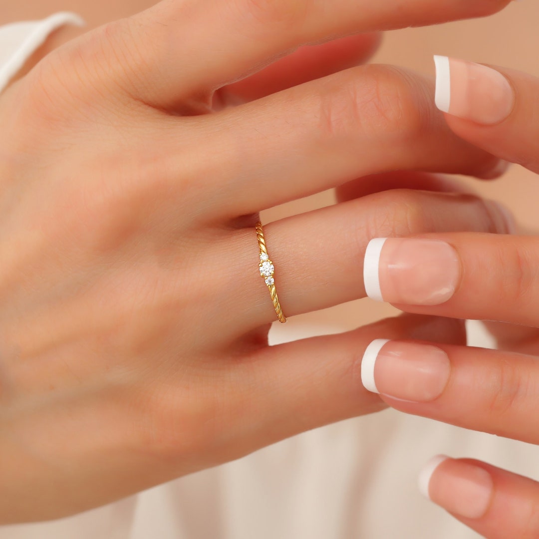 14k Cz Diamond Minimalist Promise Ring, Twisted Band Solitaire Ring