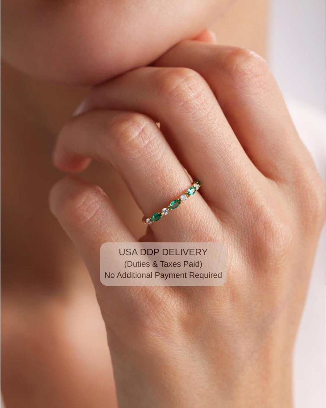 14k Gold Emerald Marquise Wedding Band - Dainty Personalized Half ...