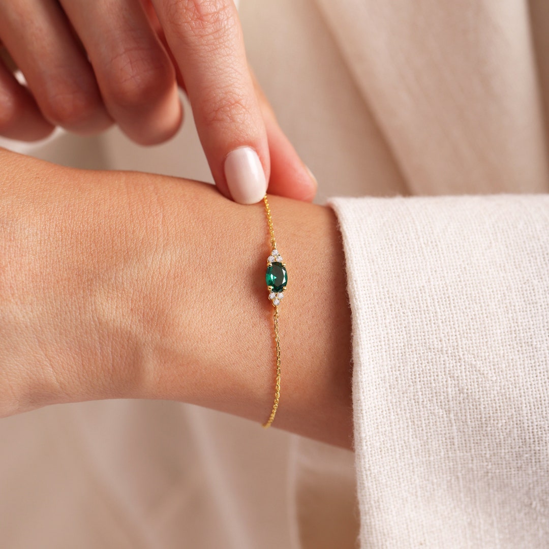 14k Solid Gold Oval Emerald Bracelet - Dainty May Birthstone Jewelry ...
