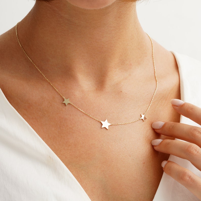 14k Gold Mamma Mia Necklace, Dainty Triple Star Jewelry, Three Star Necklace, 18k Solid Gold Star Charm, Christmas Gift, Mamma Mia Gift image 6