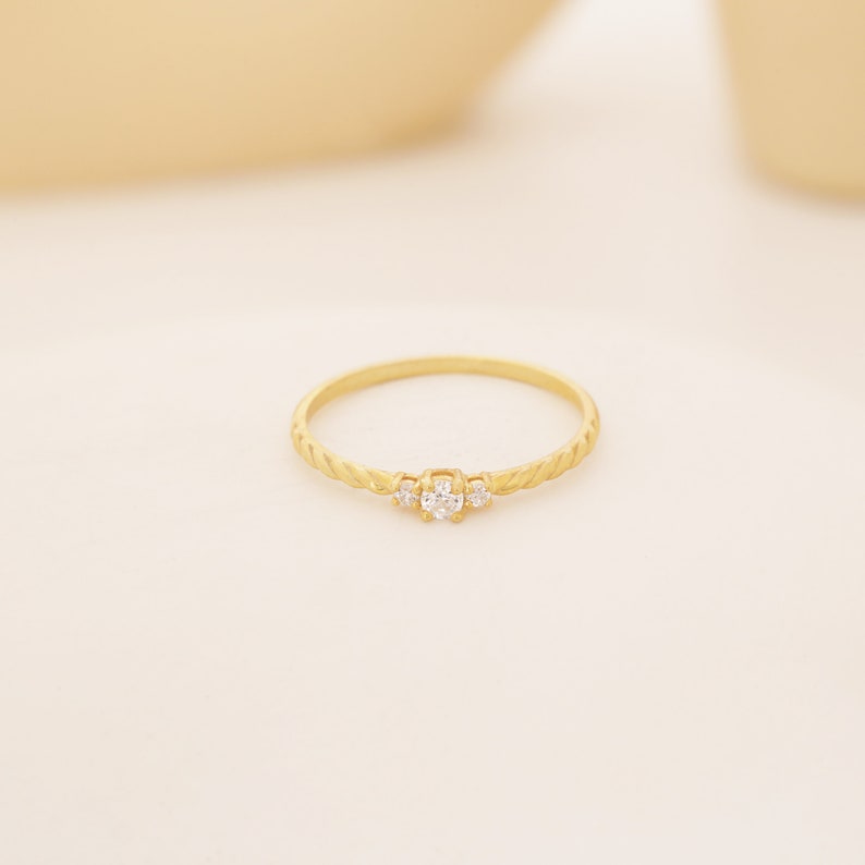 14k Cz Diamond Minimalist Promise Ring, Twisted Band Solitaire Ring, Tiny Diamond Ring Solid Gold, Simple Bridal Ring, Small Engagement Ring image 2