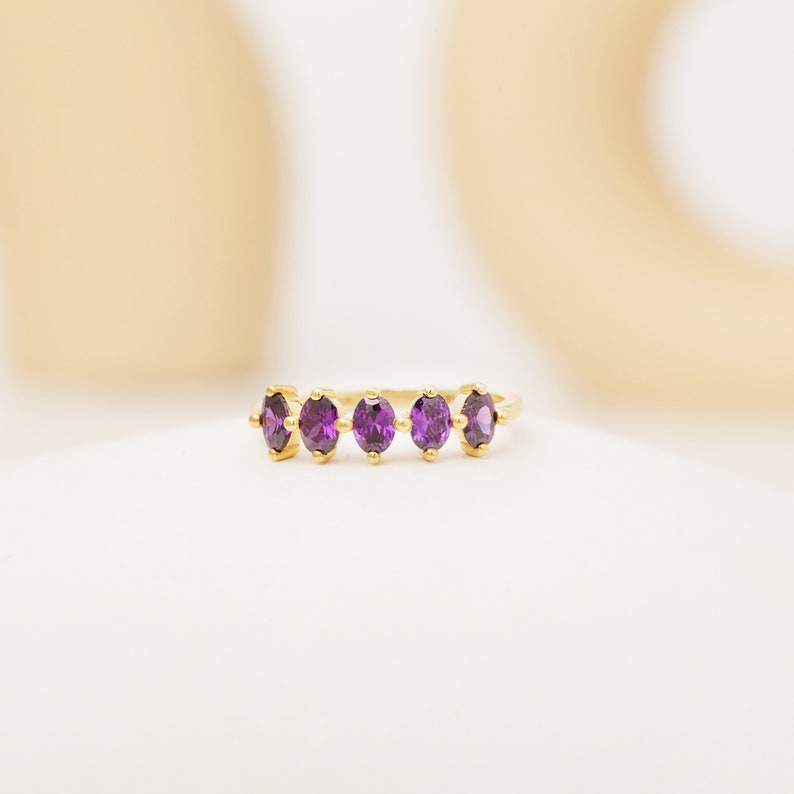 14k Oval Amethyst Wedding Ring, 5 Stone Amethyst Ring Real Gold, Dainty Amethyst Engagement Ring, Multi Stone Promise Ring, Anniversary Gift image 2