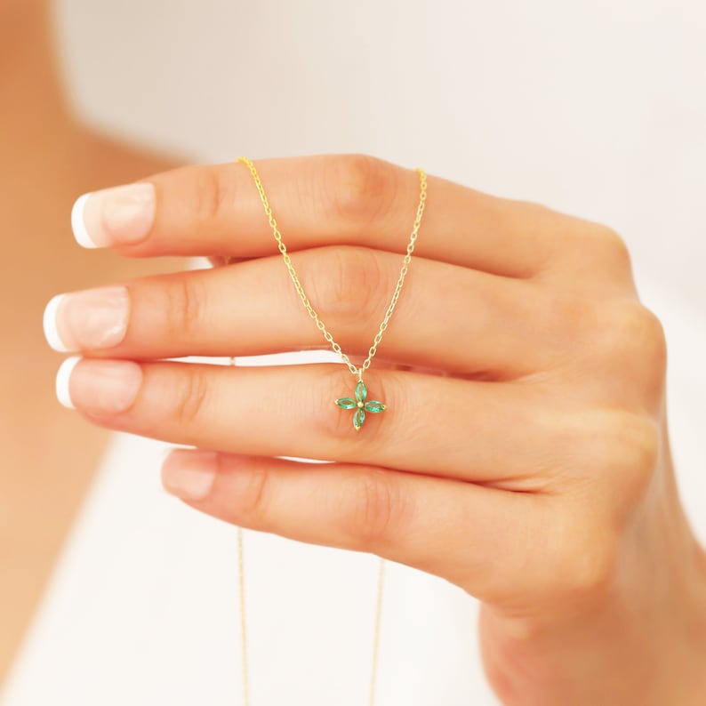 14k Dainty Emerald Necklace, Minimalist Emerald Pendant Solid Gold, Emerald Jewelry, 18k Emerald Necklace Women, May Birthstone Necklace image 5