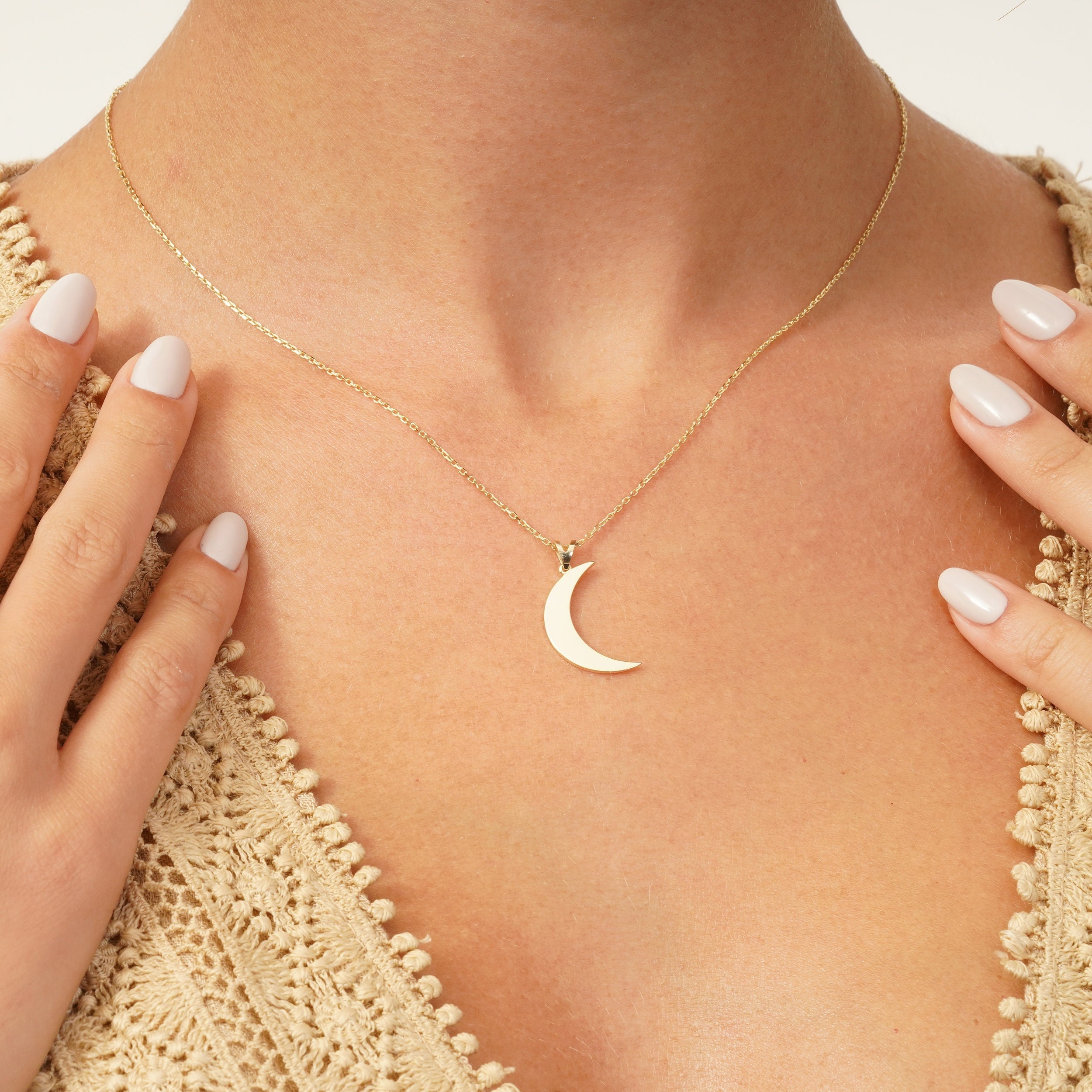 14K Solid Yellow Gold Upside Down Moon Crescent Pendant Necklace Yellow Small | Factory Direct Jewelry