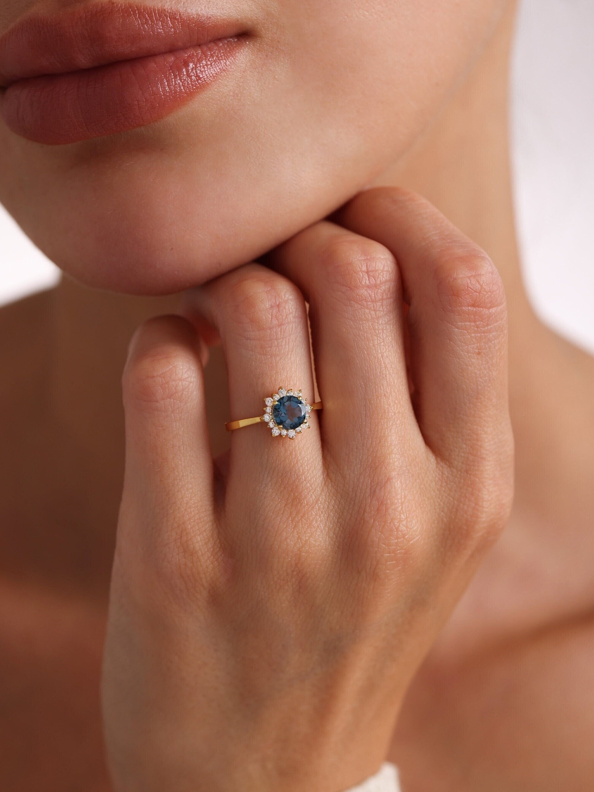 14k Blue Topaz Halo Engagement Ring, Genuine London Blue Topaz Ring, Topaz and Diamond Ring, 18k Promise Ring Solid Gold, Anniversary Gift