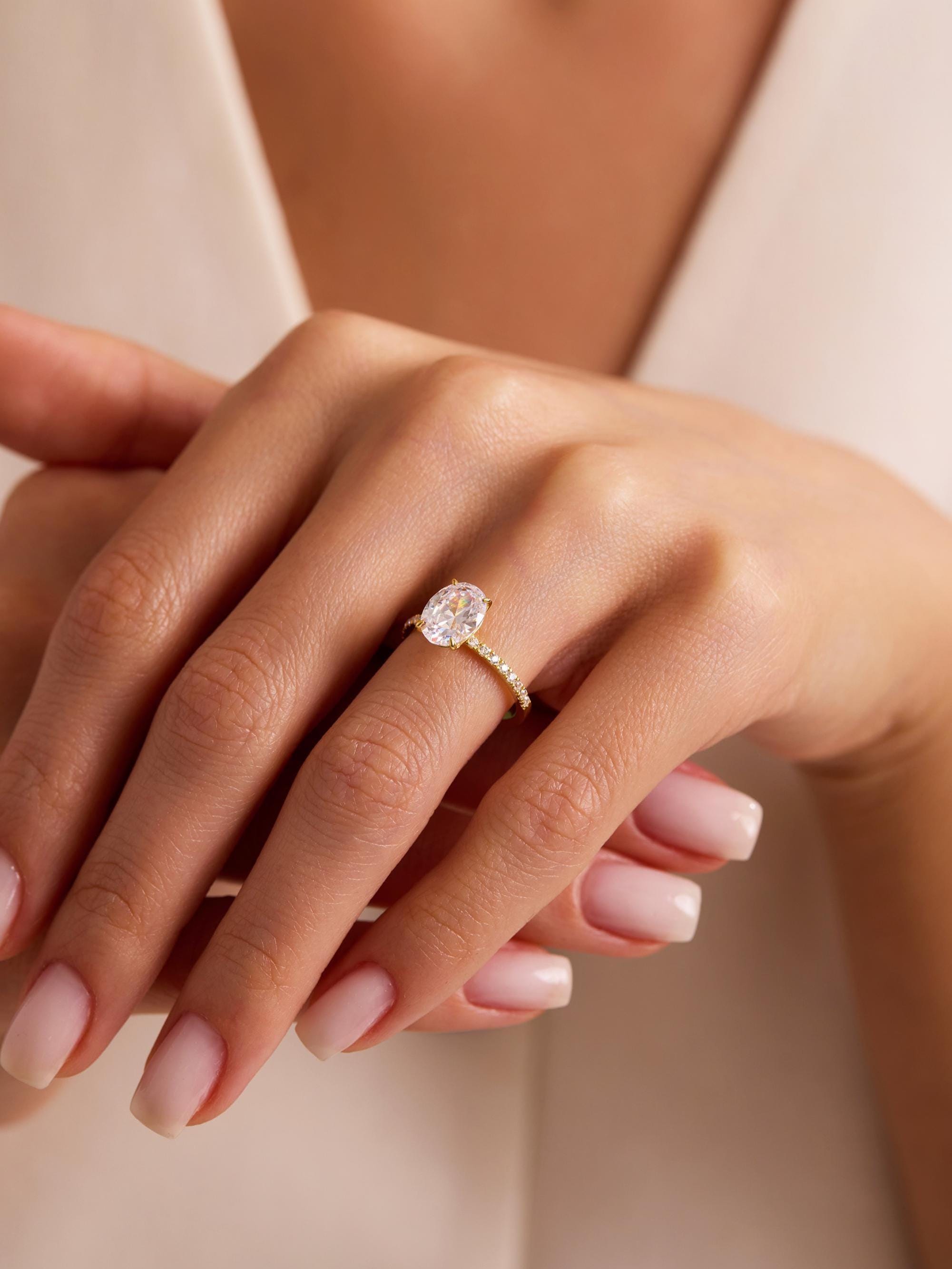 14k Solid Gold Oval Moissanite Engagement Ring - Side Stone Solitaire ...