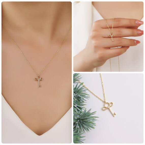 14k Solid Gold Key Necklace Lucky Charm Pendant Dainty Key Jewelry 18k Gold Key Charm Minimalist Gold Key Necklace Graduation Gift