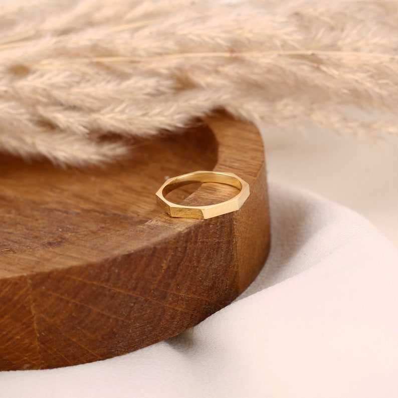 14k Octagon Gold Ring, Alternating Wedding Band Solid Gold, Hexagon Band Ring, Geometric Design Ring Women, Bolt Shape Ring, Engagement Band image 9