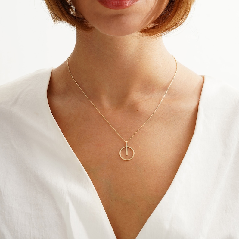 14k Dainty Circle Necklace, Solid Gold Geometric Necklace, Power Button Necklace, On Off Pendant, Daily Wear Necklace Women, Simple Necklace image 2