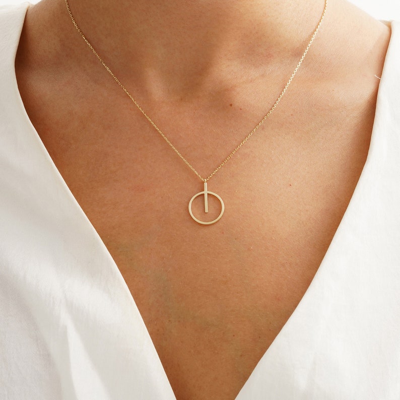 14k Dainty Circle Necklace, Solid Gold Geometric Necklace, Power Button Necklace, On Off Pendant, Daily Wear Necklace Women, Simple Necklace image 4