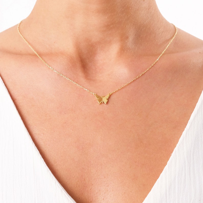 14k Gold Dainty Necklace, Solid Gold Delicate Necklace, Tiny Elegant Pendant, Butterfly Necklace, 18k Butterfly Charm, Birthday Gift for Her image 4