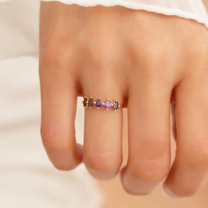 14k Oval Amethyst Wedding Ring, 5 Stone Amethyst Ring Real Gold, Dainty Amethyst Engagement Ring, Multi Stone Promise Ring, Anniversary Gift image 8