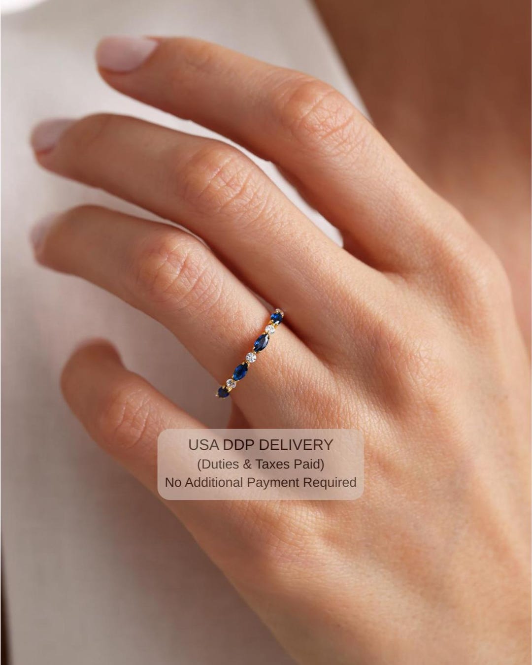 14k Gold Marquise Sapphire Wedding Band - Half Eternity Stackable Ring ...