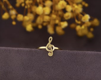 10k Yellow Gold Music Note Ring - Split Shank G-Clef Treble Ring, Dainty & Elegant Jewelry For Women