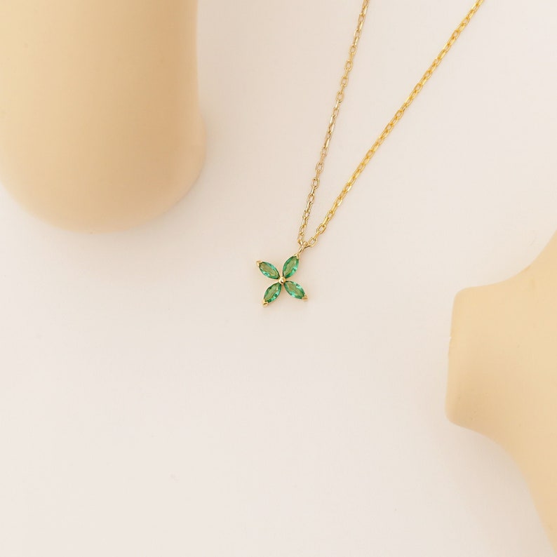 14k Dainty Emerald Necklace, Minimalist Emerald Pendant Solid Gold, Emerald Jewelry, 18k Emerald Necklace Women, May Birthstone Necklace image 2