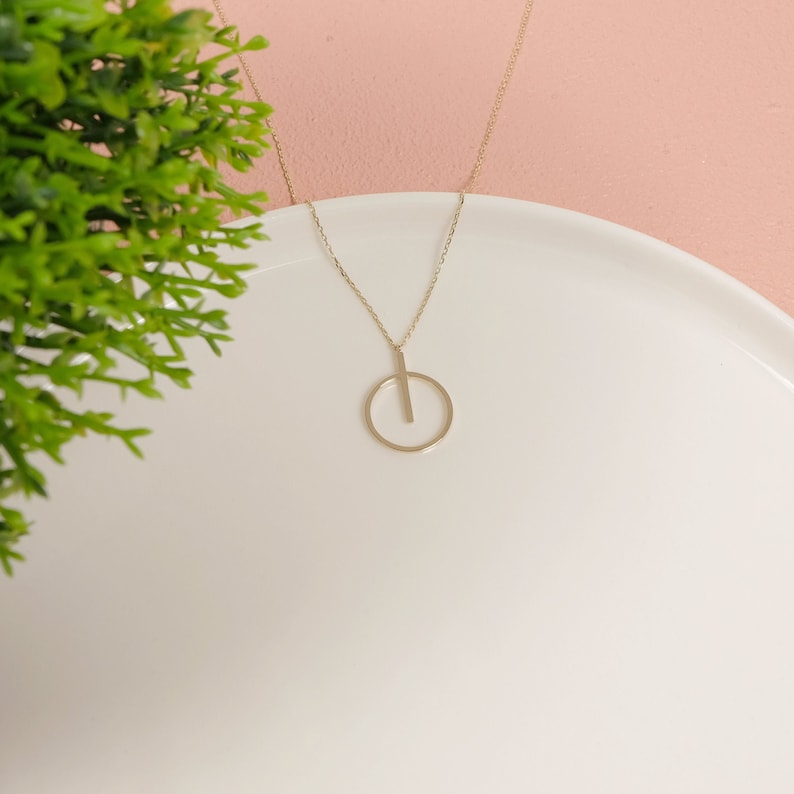 14k Dainty Circle Necklace, Solid Gold Geometric Necklace, Power Button Necklace, On Off Pendant, Daily Wear Necklace Women, Simple Necklace image 5