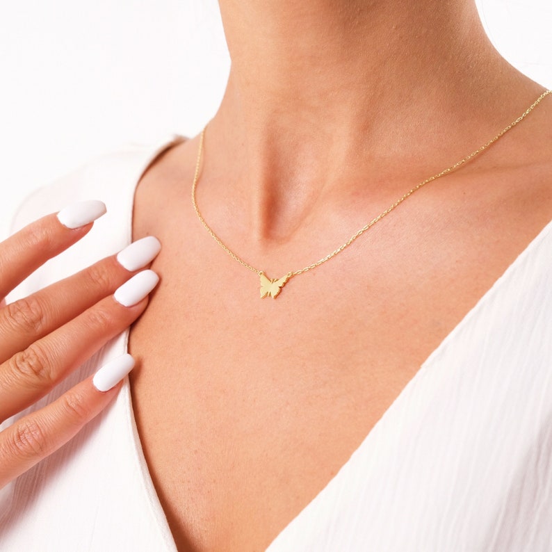 14k Gold Dainty Necklace, Solid Gold Delicate Necklace, Tiny Elegant Pendant, Butterfly Necklace, 18k Butterfly Charm, Birthday Gift for Her image 1