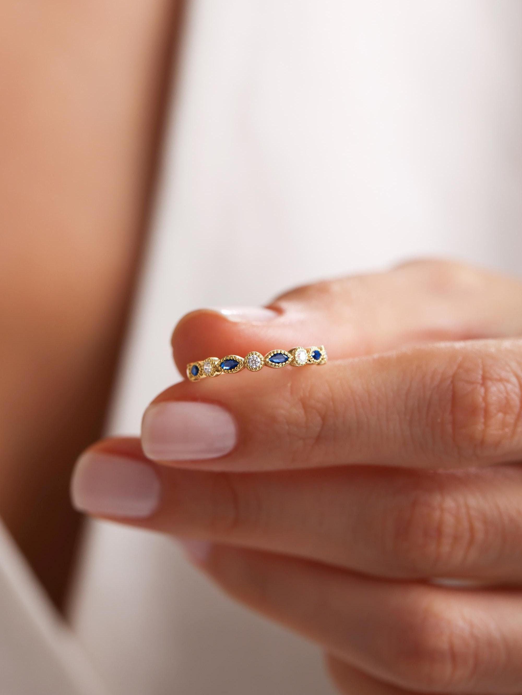 Vintage Style Marquise Sapphire Wedding Band, Sapphire and Diamond Wedding Ring, 14k Solid Gold Half Eternity Sapphire Band, Gift for Women