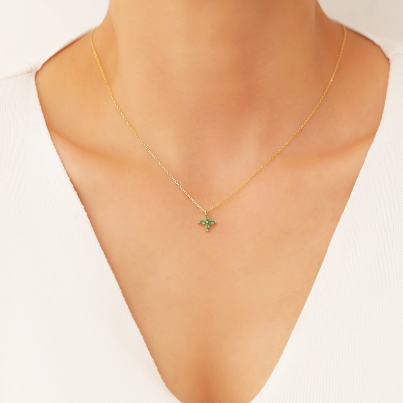 14k Dainty Emerald Necklace, Minimalist Emerald Pendant Solid Gold, Emerald Jewelry, 18k Emerald Necklace Women, May Birthstone Necklace image 1