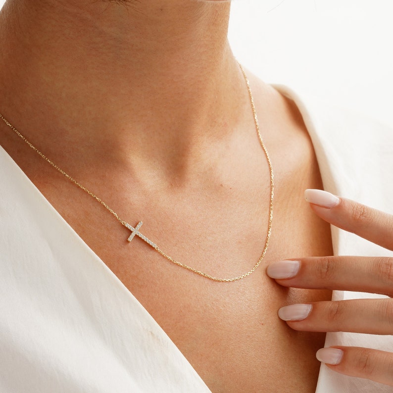 14k Gold Sideways Cross Necklace, Custom Size Cross Jewelry, Dainty Diamond Charm Cross, 18k Religious Cross Necklace, CZ Crucifix Jewelry image 4