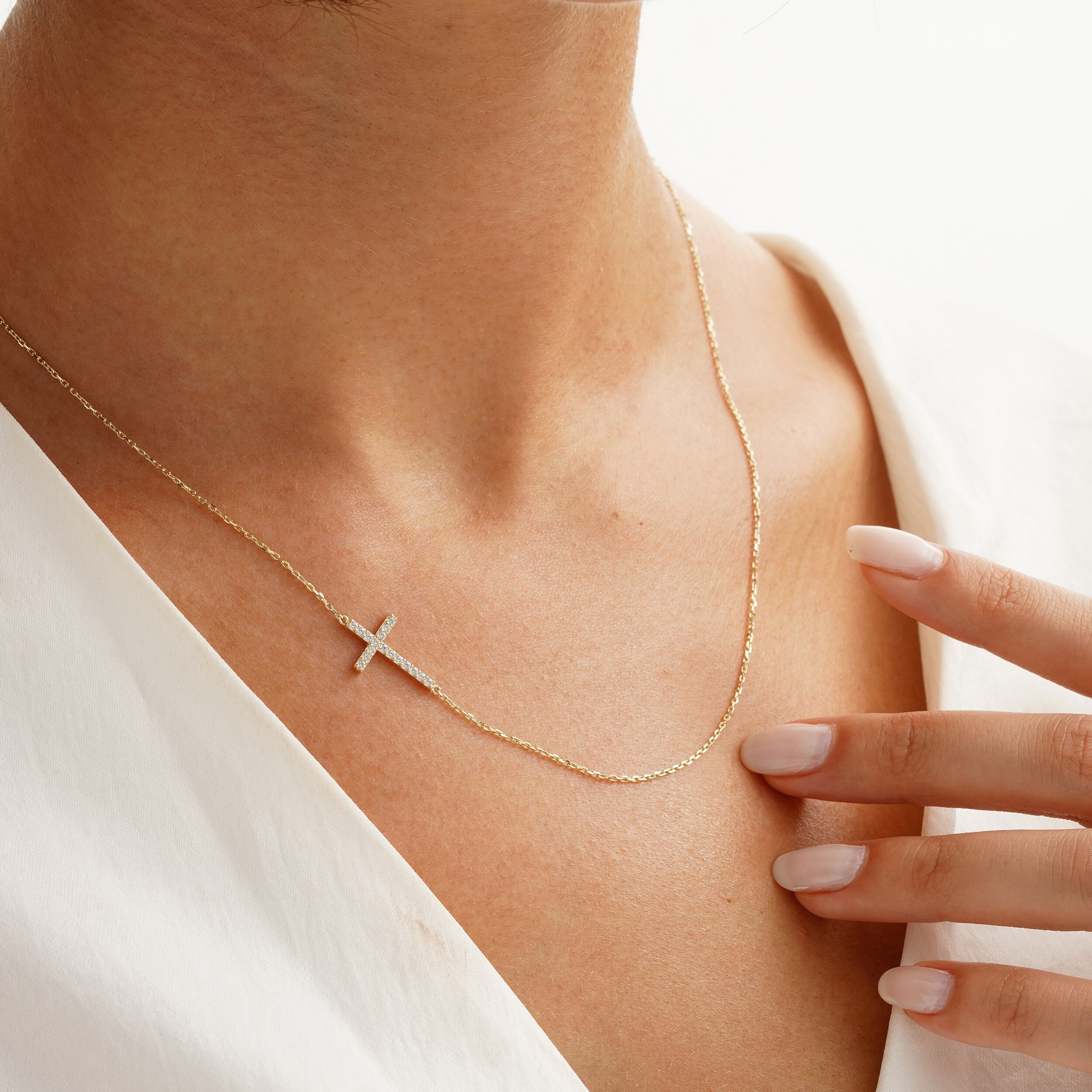 14k Gold Sideways Cross Necklace Custom 