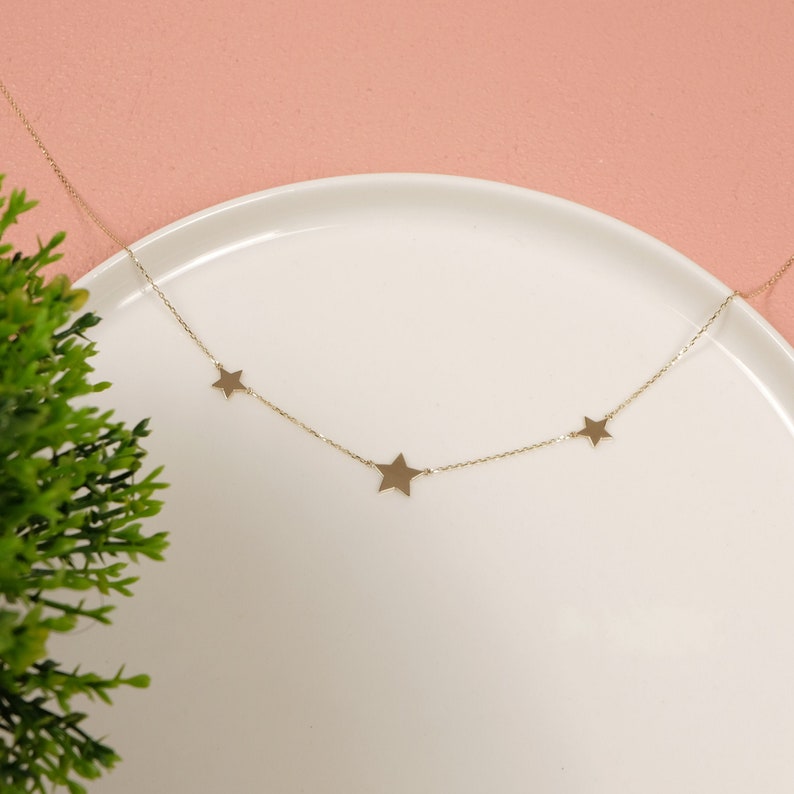 14k Gold Mamma Mia Necklace, Dainty Triple Star Jewelry, Three Star Necklace, 18k Solid Gold Star Charm, Christmas Gift, Mamma Mia Gift image 4