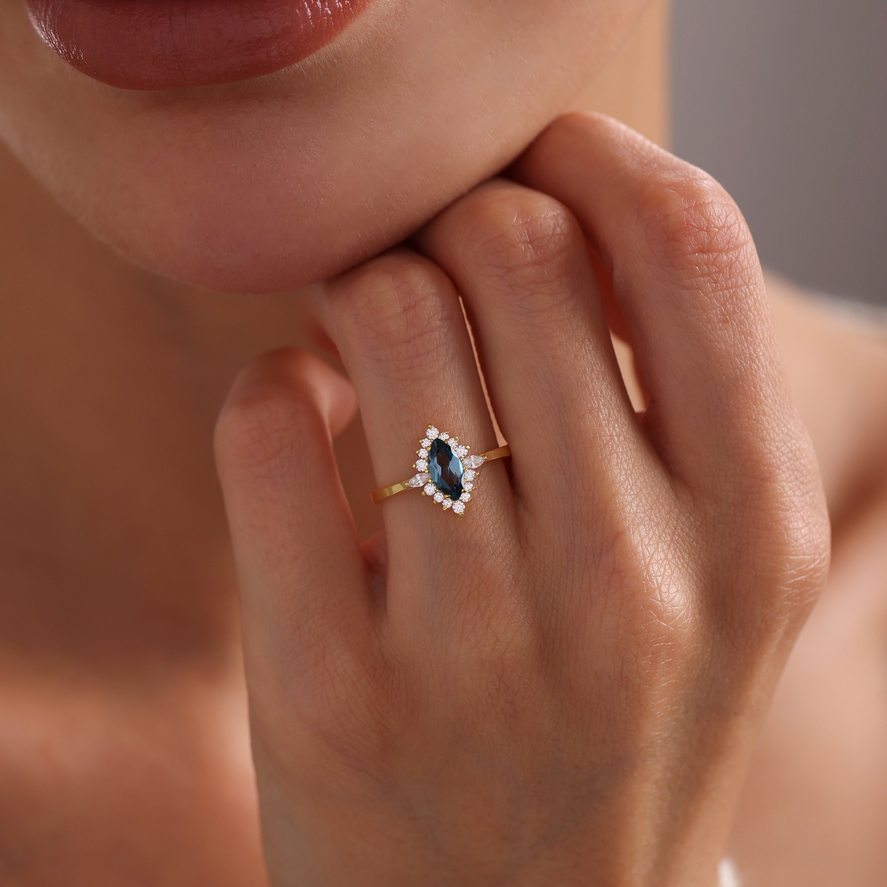 14k Solid Gold Marquise Halo London Blue Topaz Engagement Ring - Promise Ring for Women