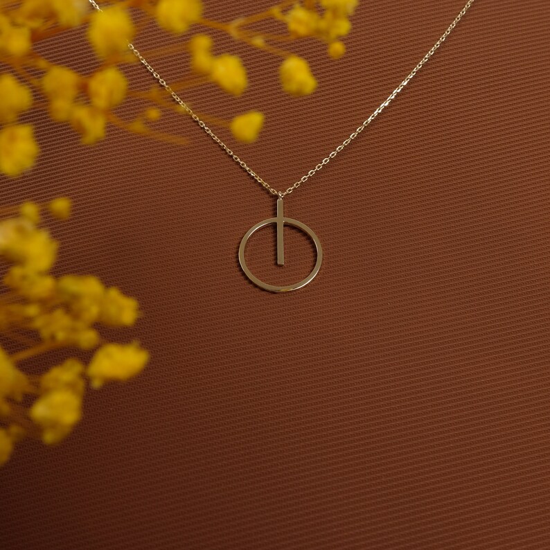 14k Dainty Circle Necklace, Solid Gold Geometric Necklace, Power Button Necklace, On Off Pendant, Daily Wear Necklace Women, Simple Necklace image 6