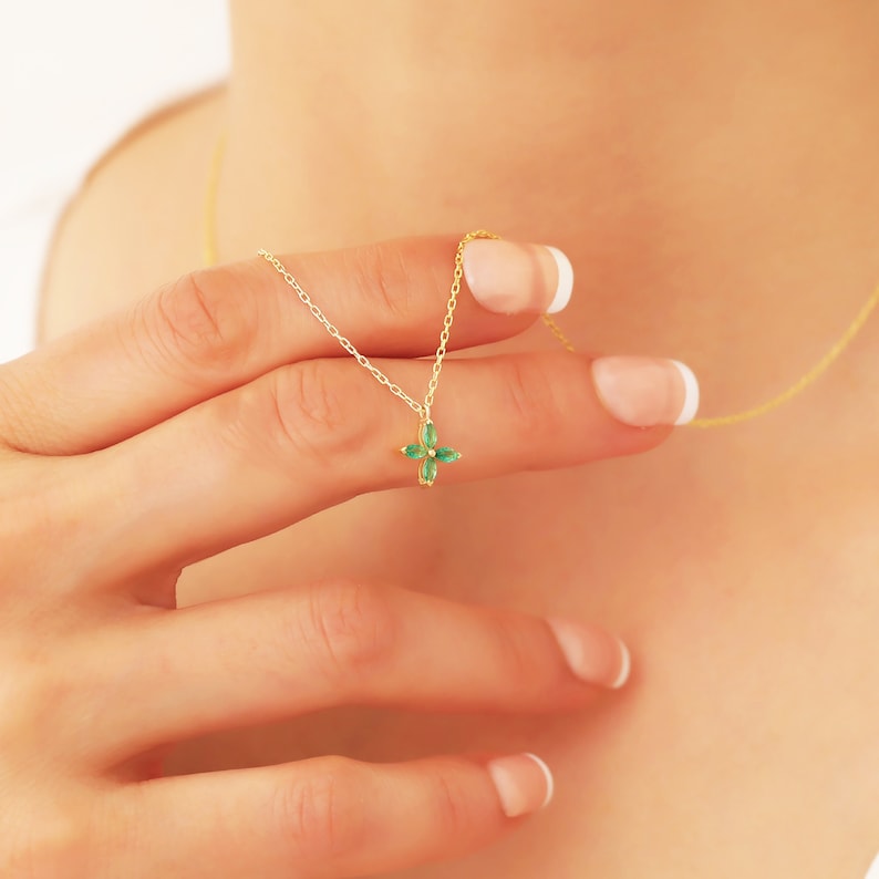 14k Dainty Emerald Necklace, Minimalist Emerald Pendant Solid Gold, Emerald Jewelry, 18k Emerald Necklace Women, May Birthstone Necklace image 4