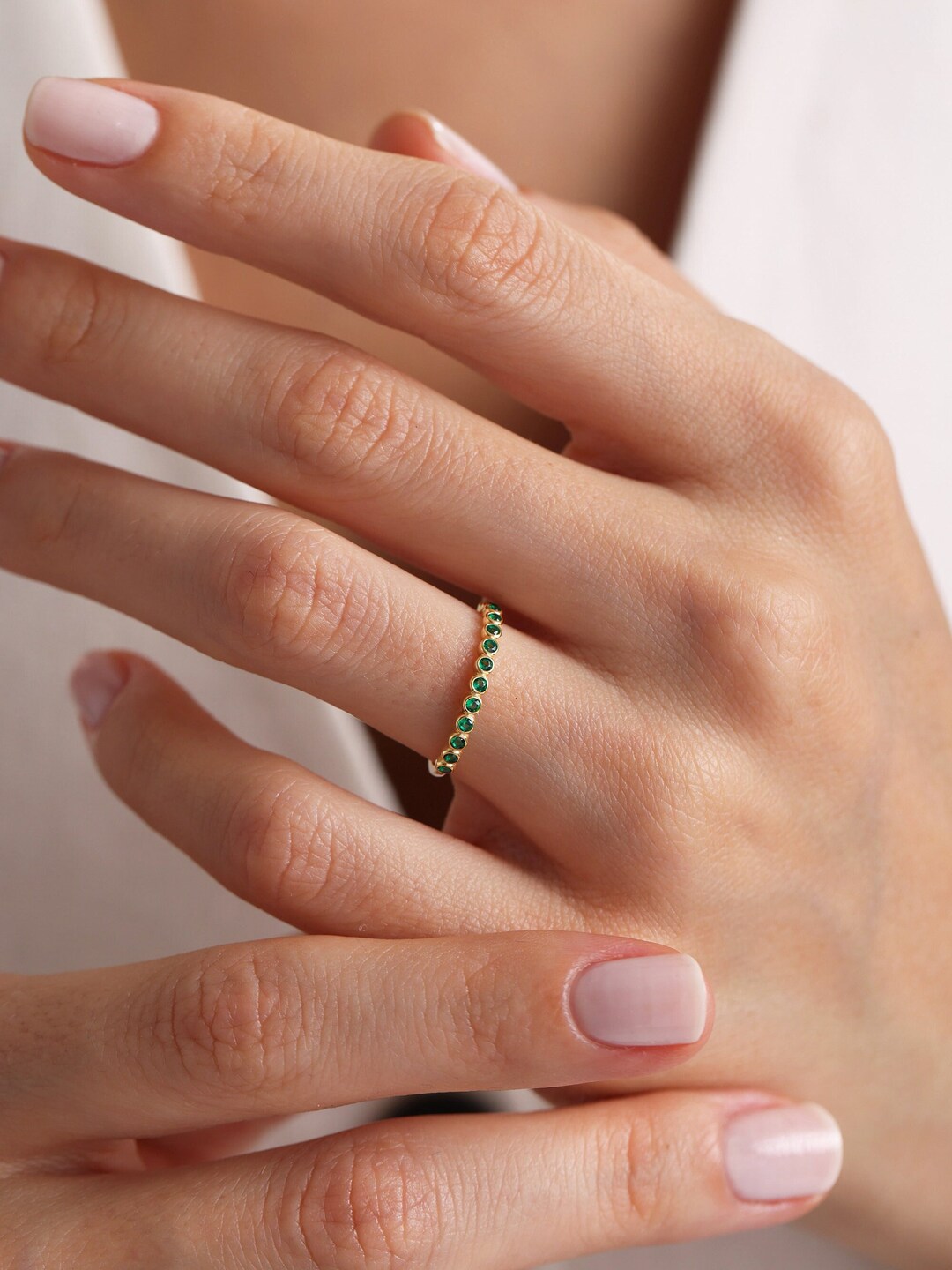 14k Gold Emerald Eternity Band Ring: Dainty Stacking Ring - Etsy
