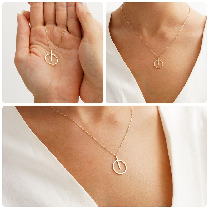 14k Dainty Circle Necklace, Solid Gold Geometric Necklace, Power Button Necklace, On Off Pendant, Daily Wear Necklace Women, Simple Necklace image 10