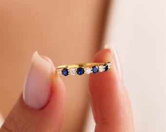14k Solid Gold Sapphire Half Eternity Band Ring - Stackable Wedding Jewelry