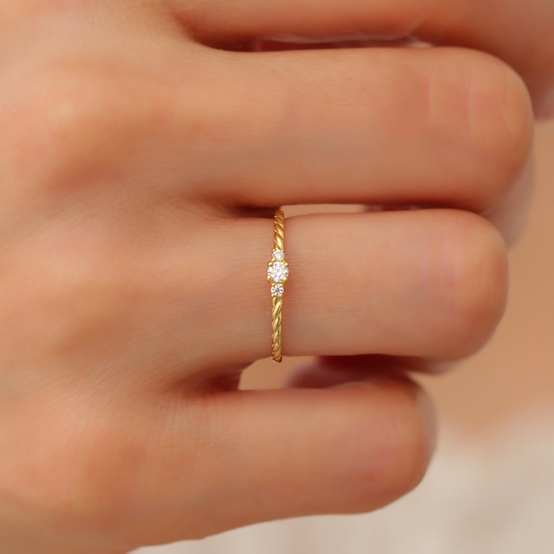 14k Cz Diamond Minimalist Promise Ring, Twisted Band Solitaire Ring, Tiny Diamond Ring Solid Gold, Simple Bridal Ring, Small Engagement Ring image 5